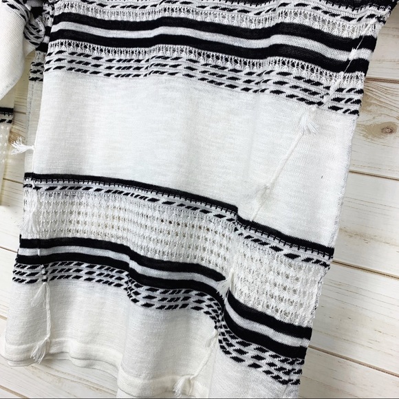 August Silk Black White Striped V Neck Fringe Semi Sheer Pullover Sweater Medium - Picture 6 of 15